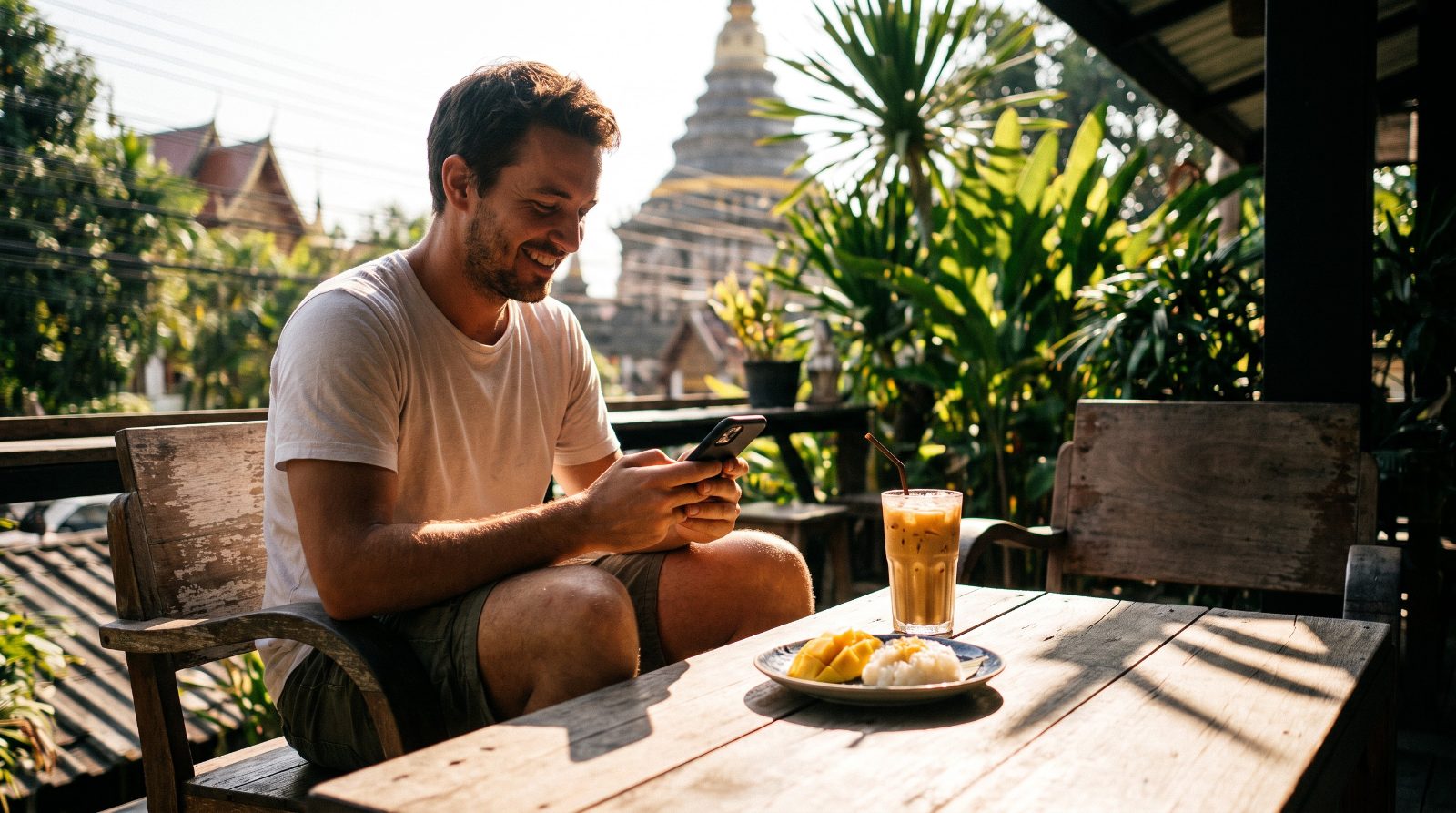 チェンマイのカフェでスマートフォンを見ながらマンゴースティッキーライスを楽しむ旅行者
