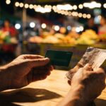 チェンマイのナイトマーケットでデビットカードとタイバーツ紙幣を手にする旅行者